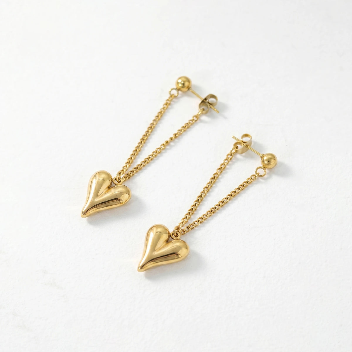 QIAOREN11874 Trendy 3D Puffy Heart Chain Earrings Stainless Steel Gold Ball Stud Bold Love Dangle Jewelry for Women US EU