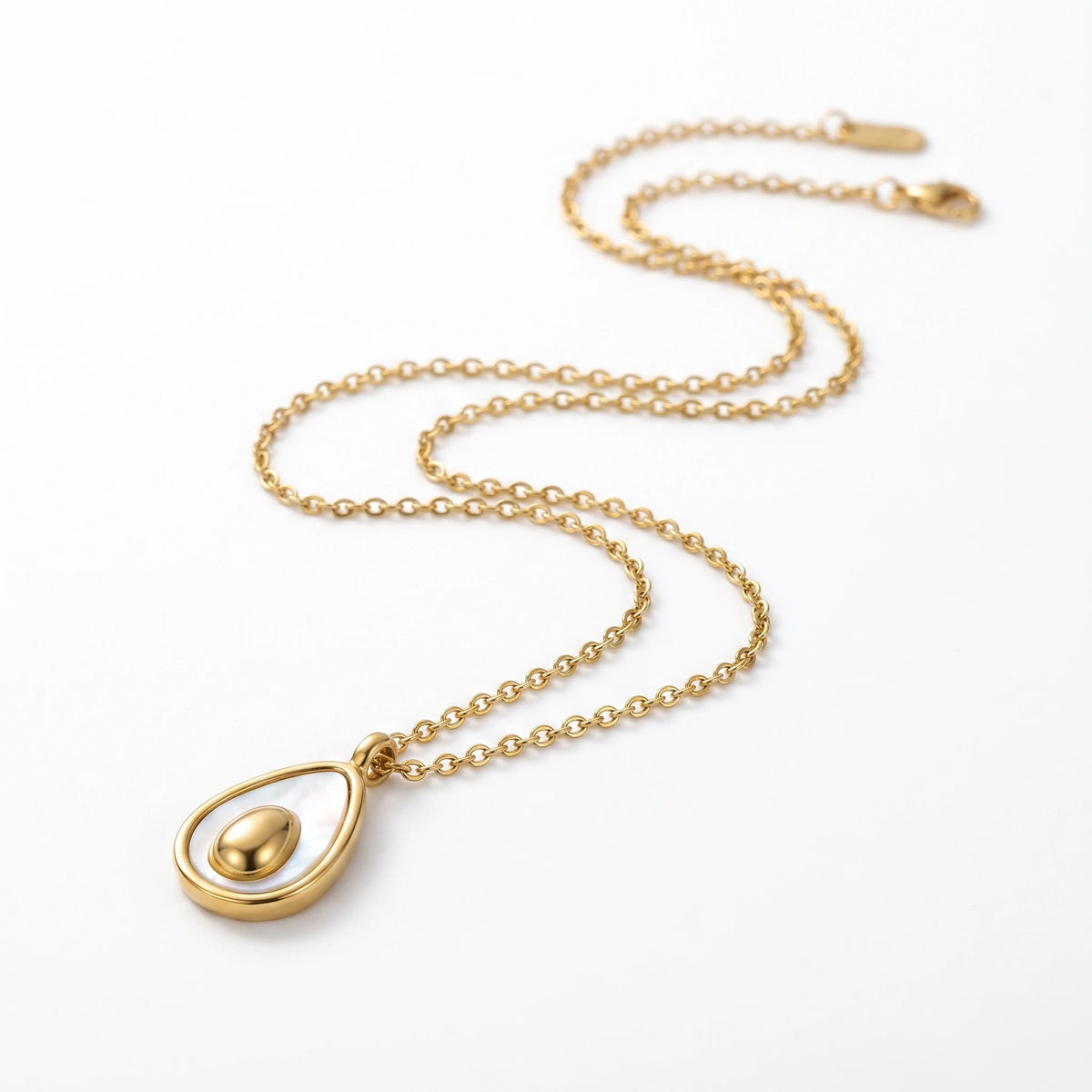 QIAOREN 13536 Dainty Teardrop White Shell Inlay Pendant Necklace with Solid Oval Gold Center Charm, Thin Cable Chain Necklace