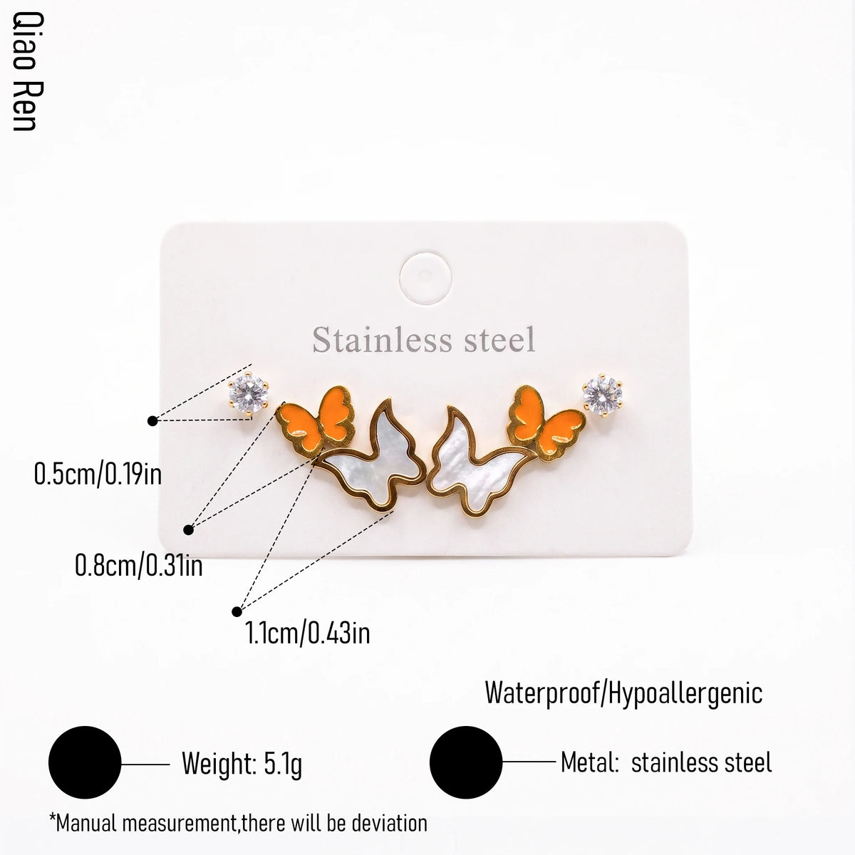 QIAOREN 14513 Stainless Steel Butterfly Earrings CZ Stud Earrings Enamel Design Waterproof Hypoallergenic Jewelry Women