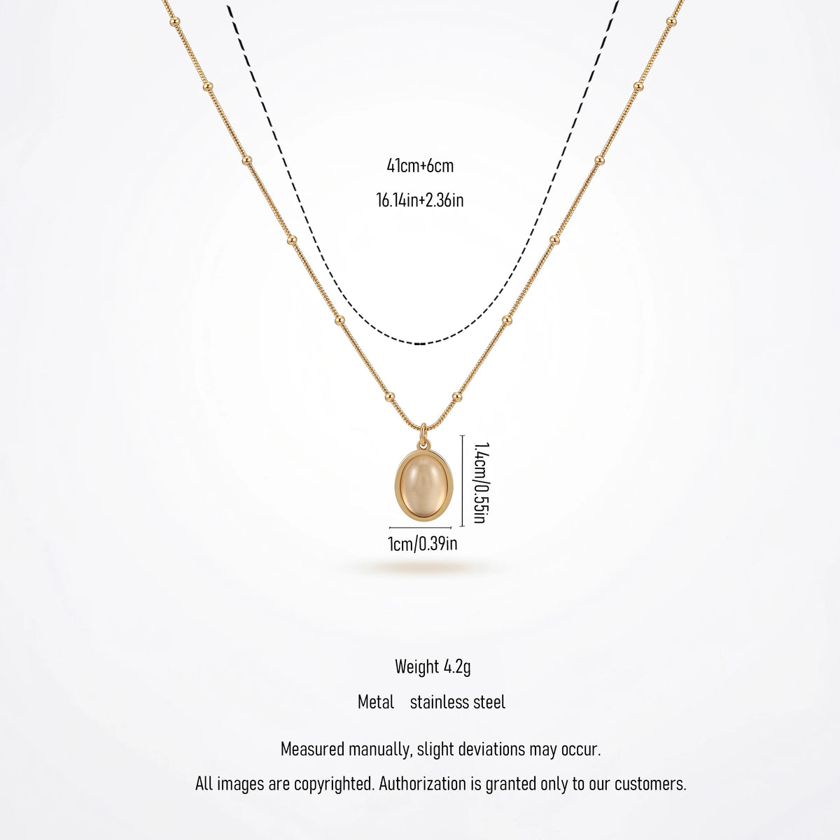 QIAOREN 13510 Dainty Beaded Snake Chain Oval Cream Cat Eye Pendant Necklace, Smooth Gold Frame Natural Stone Necklace