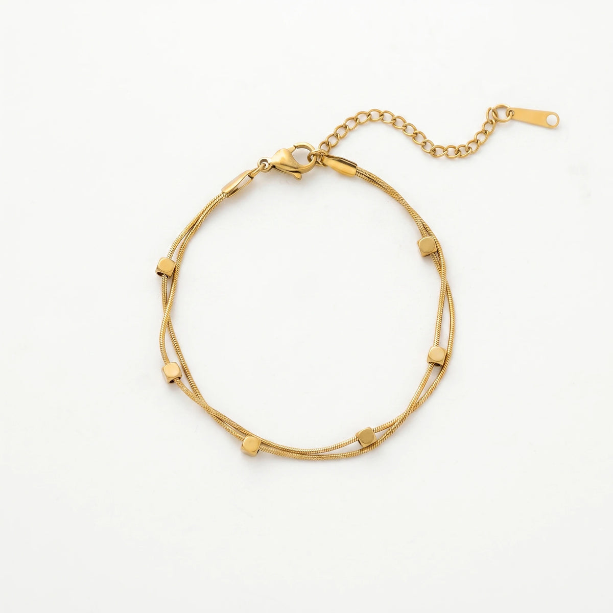 QIAOREN 13301 Gold Double Snake Bracelet Stainless Steel Mini Cube Beads Clasp Extender Waterproof Dainty Women Stack Jewelry
