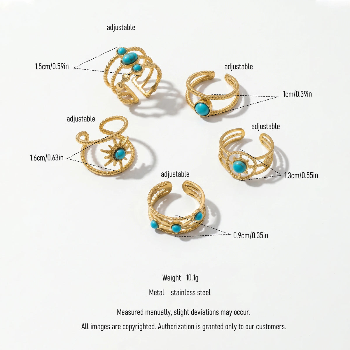 QIAOREN 13171-75 5Pcs Gold Stainless Steel Turquoise Open Ring Set Irregular Hammered Crown Adjustable Boho Stackable Rings