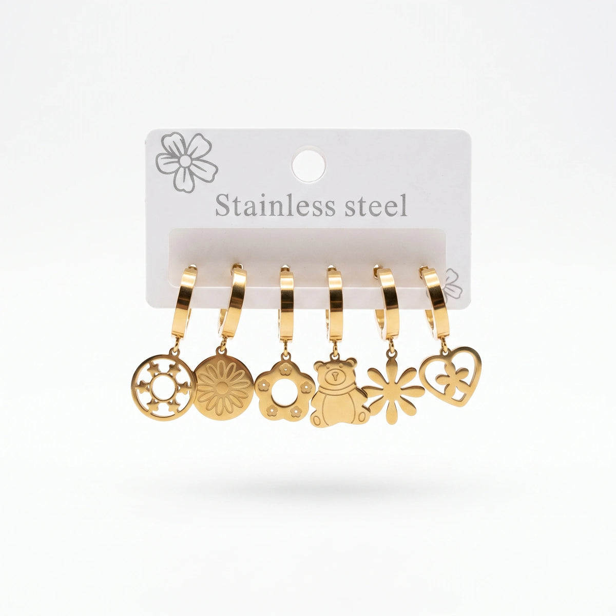 QIAOREN 14479 6 Pair Gold Stainless Steel Huggie Hoop Earrings Set, Bear & Floral Cutout Disc Dangle Drop Earrings