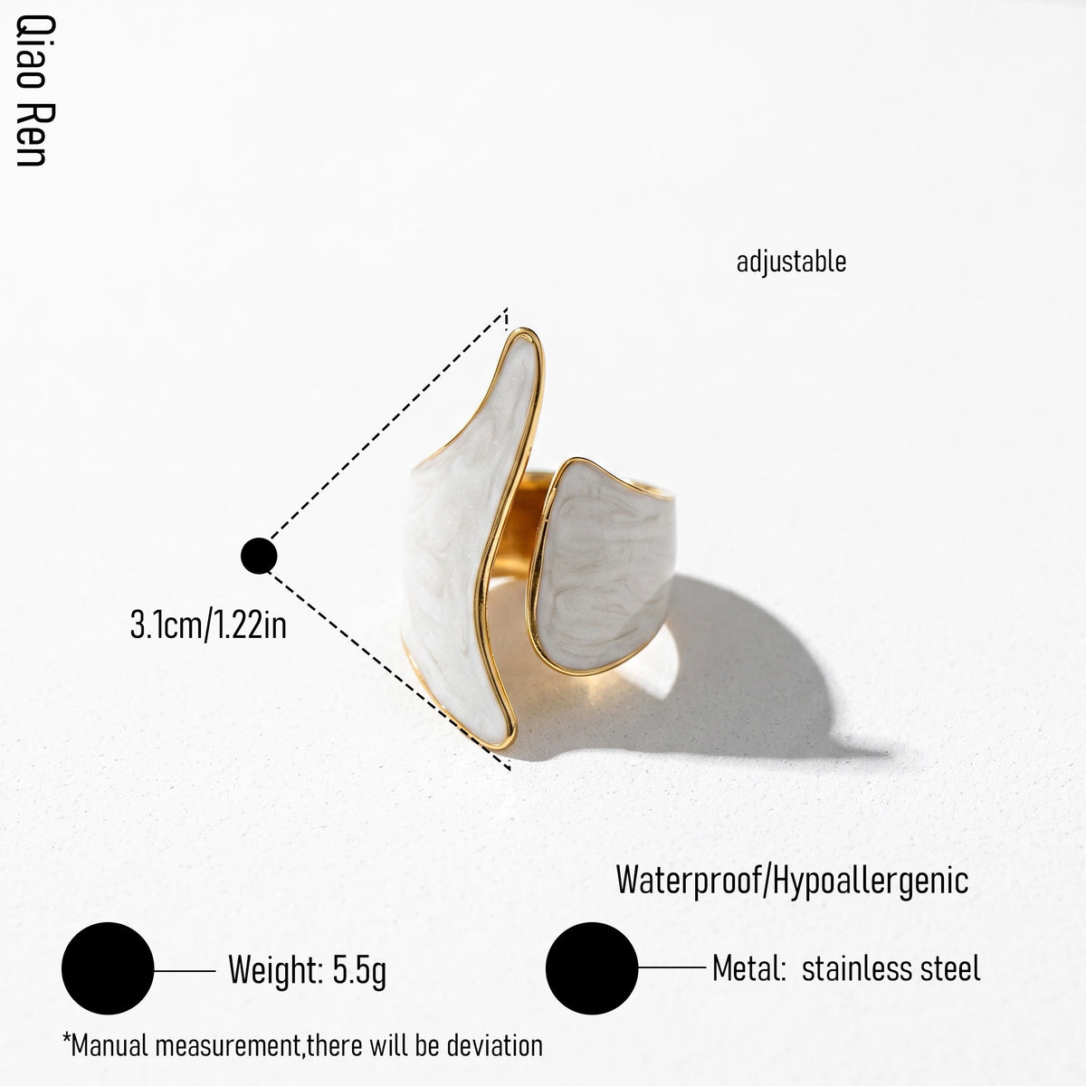 QIAOREN 14232-38 White Enamel Irregular Wave Open Ring Set, Abstract Curved Adjustable Stackable Ring Jewelry Gift