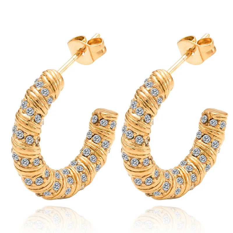 QIAOREN  12221-23 Waterproof Gold Stainless Steel Textured Hoop Earrings Multicolor CZ C Shape Huggies Wholesale