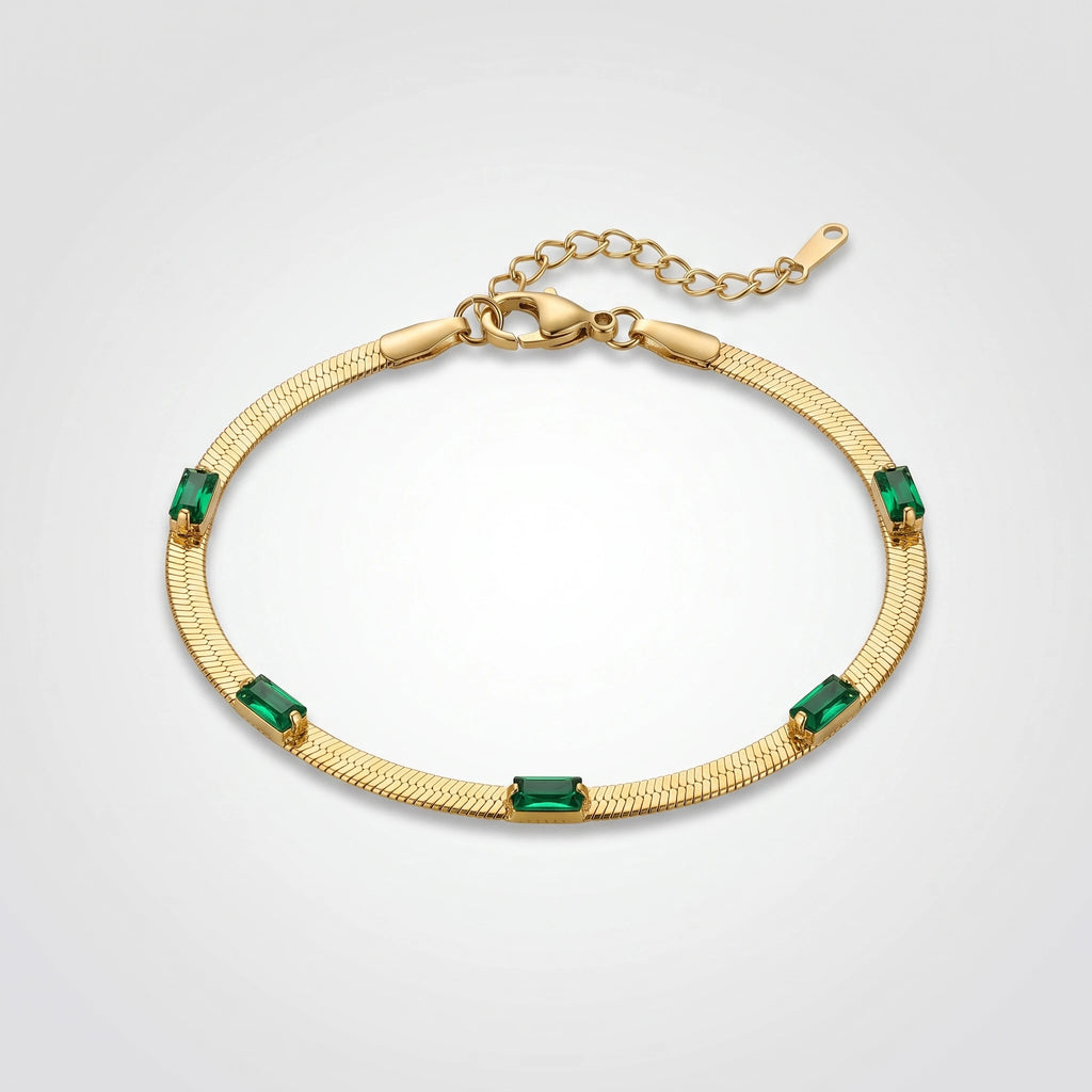 QIAOREN 13296 Gold Plated Stainless Steel Snake Chain Bracelet with Green Baguette Cubic Zirconia Minimalist Jewelry