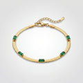QIAOREN 13296 Gold Plated Stainless Steel Snake Chain Bracelet with Green Baguette Cubic Zirconia Minimalist Jewelry