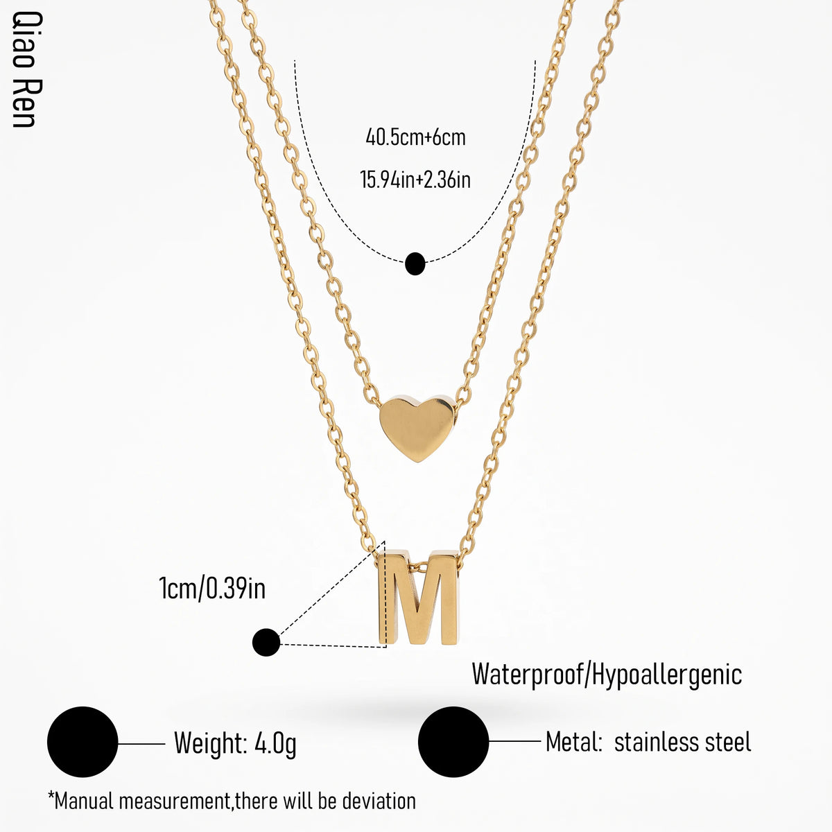 QIAOREN 14420 Layered Heart & Letter M Pendant Necklace, Stainless Steel Double Chain Necklace Jewelry Gift for Daily Outfits