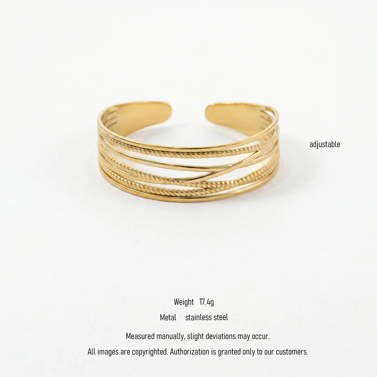 QIAOREN 10993 Luxury Layered Gold Cuff Bracelet Stainless Steel Adjustable Open Bangle for Women Beach Vacation Jewelry