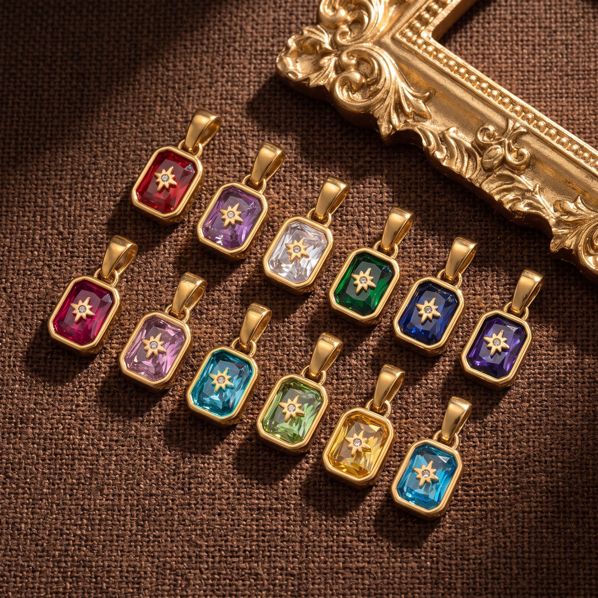 QIAOREN 13882-93 Polished Gold Vintage Birthstone Rectangle Charm for Necklace Making DIY Jewelry Gift