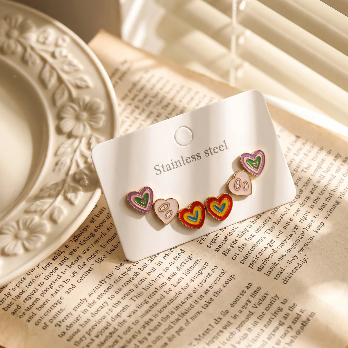 QIAOREN 14514 Waterproof Stainless Steel Heart Stud Earrings Colorful Enamel Heart Earrings Hypoallergenic Jewelry for Women