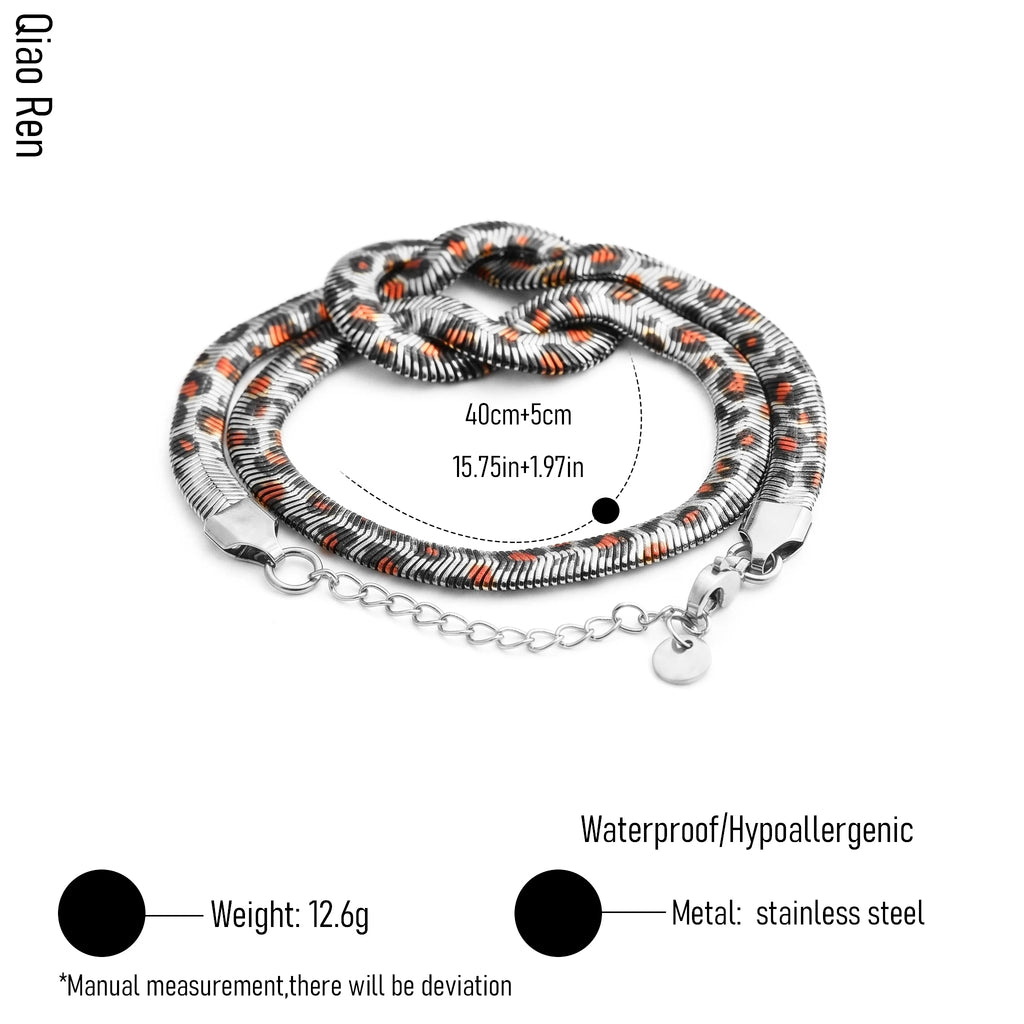 QIAOREN 13851-52 Stainless Steel Leopard Print Snake Chain Knot Bracelet Waterproof Hypoallergenic Statement Jewelry Women