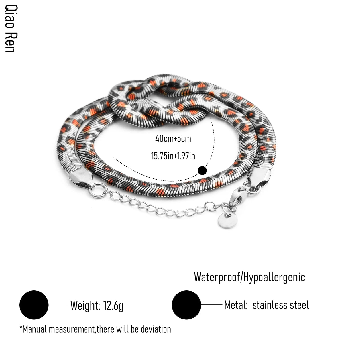 QIAOREN 13851-52 Stainless Steel Leopard Print Snake Chain Knot Bracelet Waterproof Hypoallergenic Statement Jewelry Women
