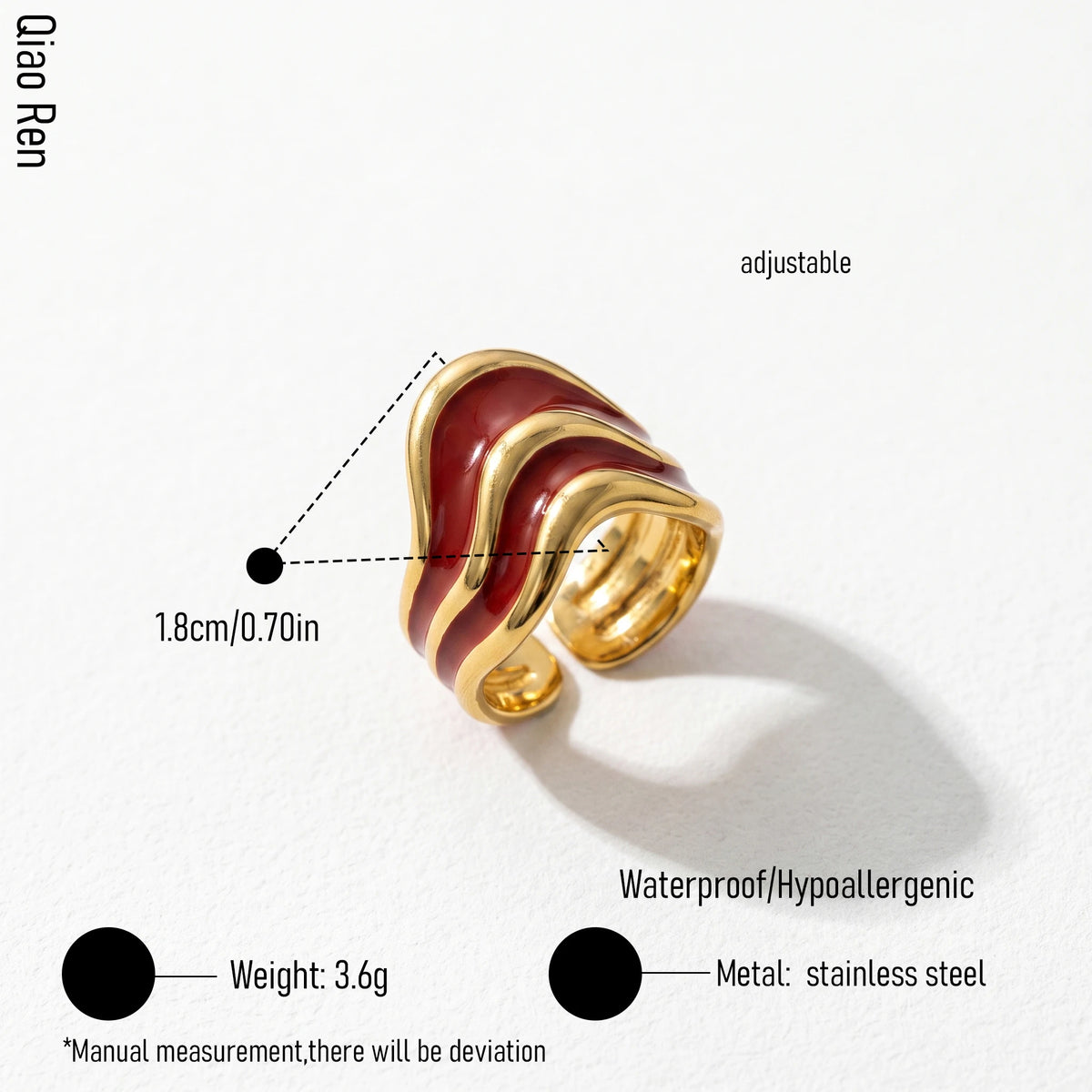 QIAOREN 14221-25 Red Enamel Irregular Wave Open Ring Set, Abstract Curved Adjustable Stackable Ring Jewelry Gift