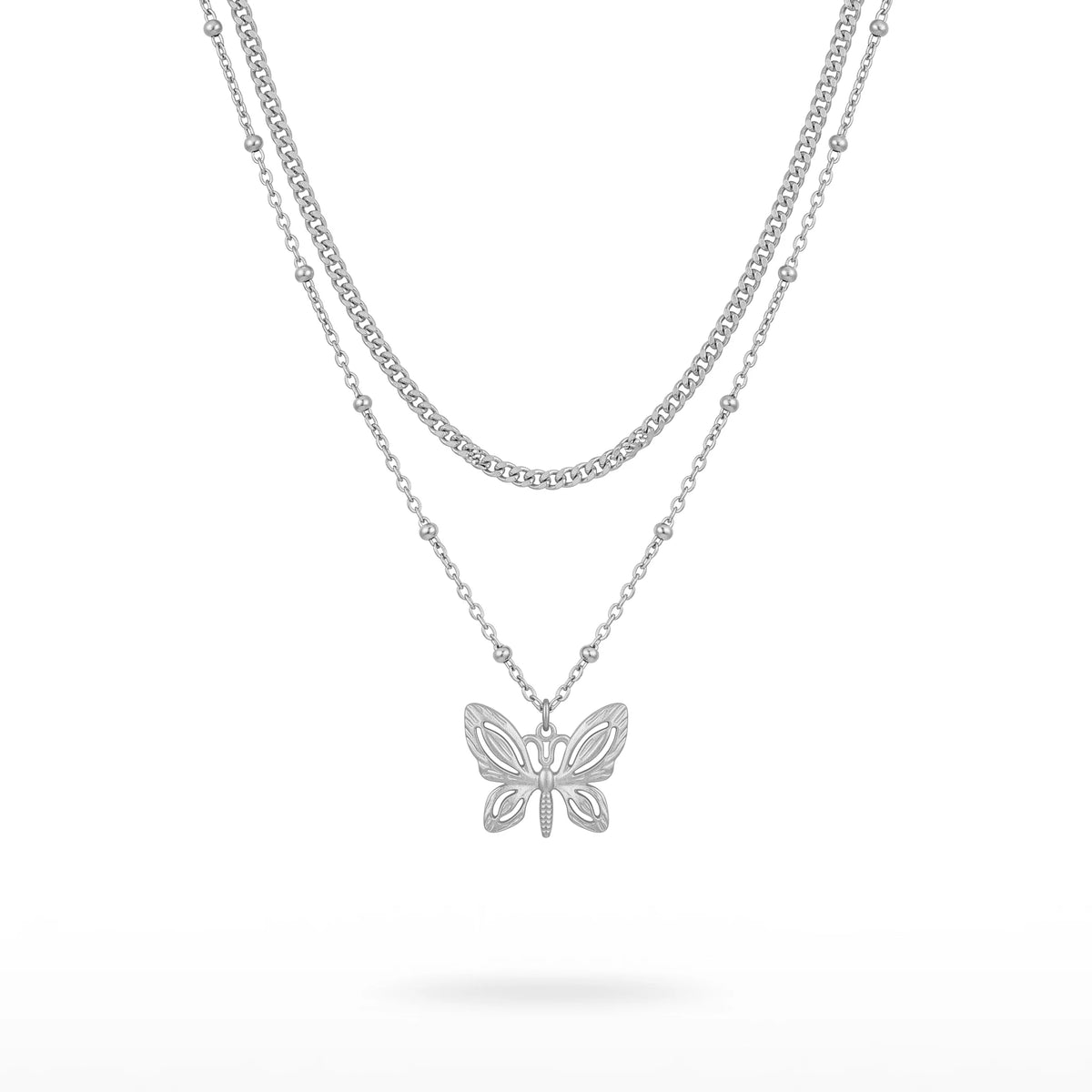 QIAOREN 11638 Waterproof 18K Gold Plated Stainless Steel Trendy Layered Necklace Matte Hollow Butterfly Pendant for Women Gift