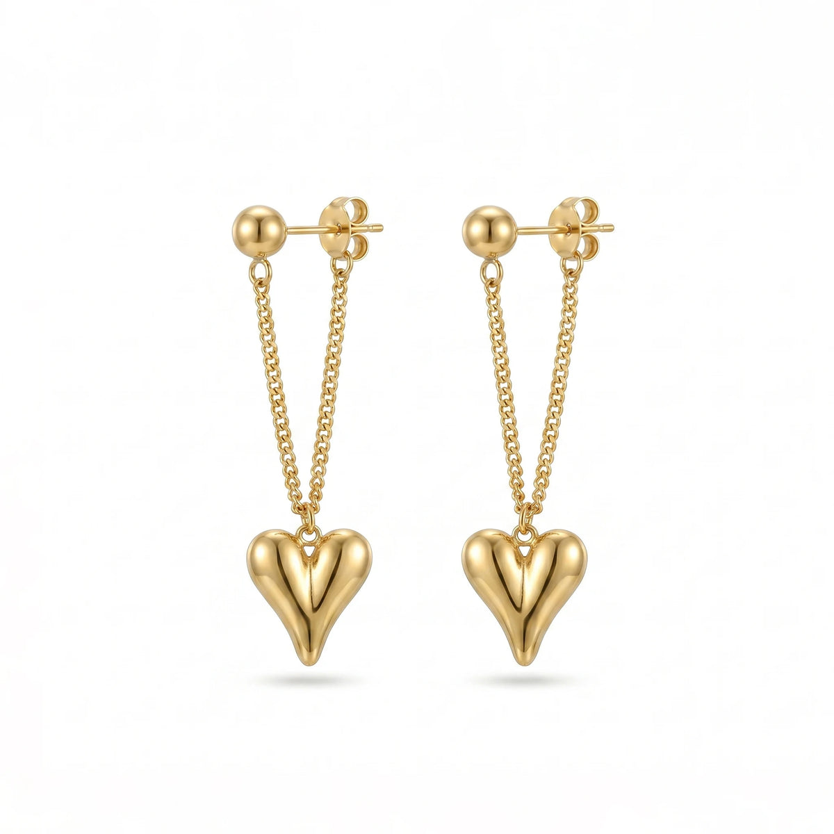 QIAOREN11874 Trendy 3D Puffy Heart Chain Earrings Stainless Steel Gold Ball Stud Bold Love Dangle Jewelry for Women US EU