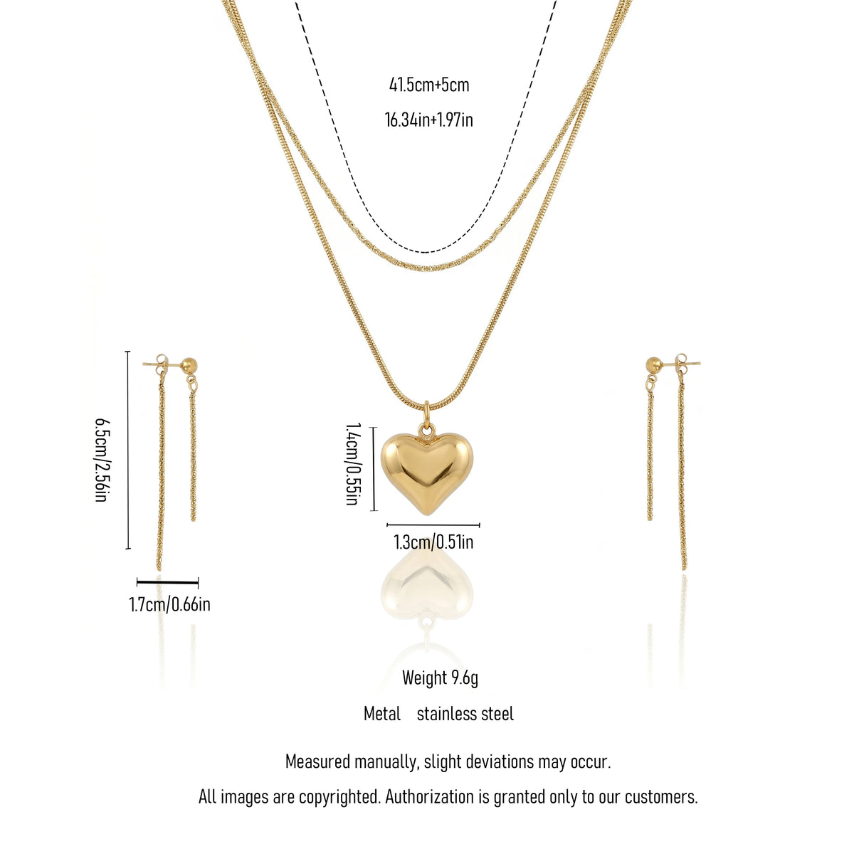 QIAOREN 12862 Waterproof Puffy Heart Necklace & Drop Earrings Set, Tarnish Free 18K Gold Plated Layered Jewelry for Women