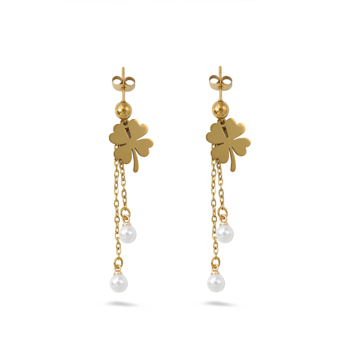 QIAOREN11784 18K Gold Plated Stainless Steel Four Leaf Clover Earrings with Double Pearl Tassel Drop