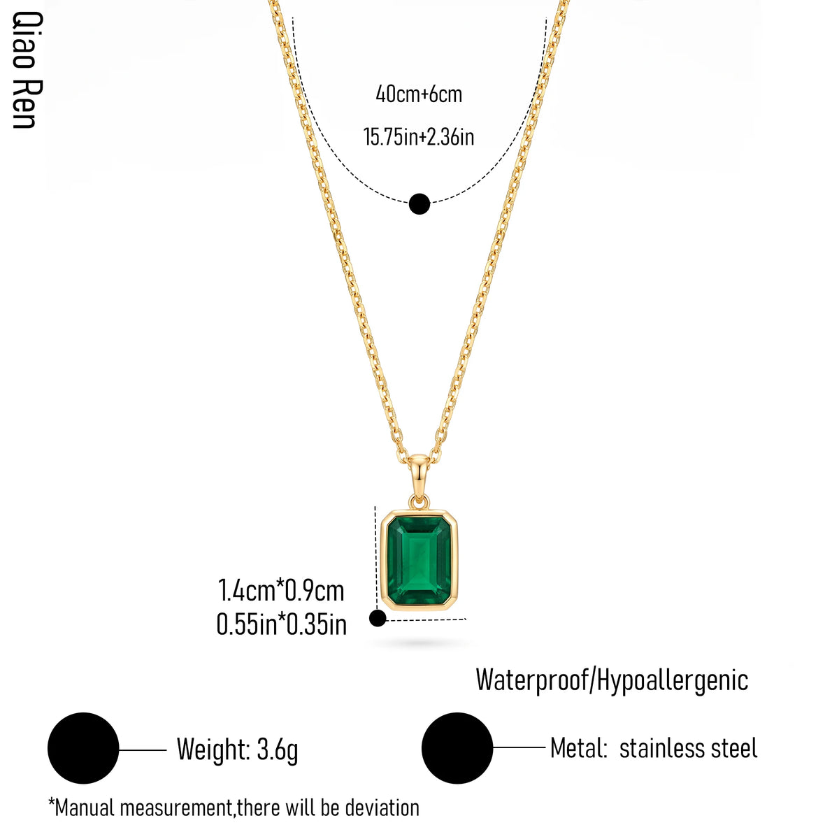 QIAOREN 14375 Emerald Cut Green Zirconia Rectangle Pendant Curb Chain Necklace, Stainless Steel Jewelry Gift