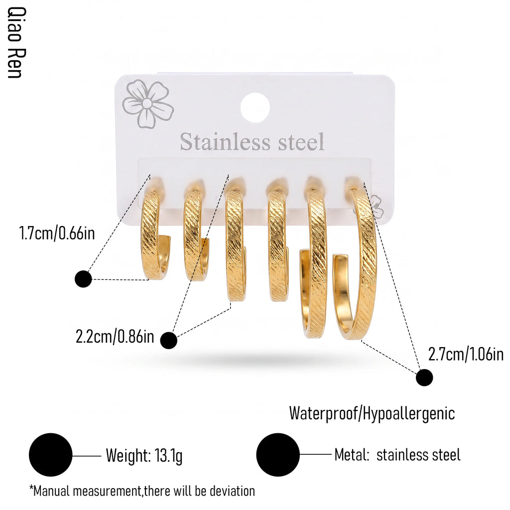 QIAOREN 145913 Pairs Textured C Shaped Open Hoop Stud Earring Set, Graduated Size Hypoallergenic Daily Wear Jewelry Gift Set