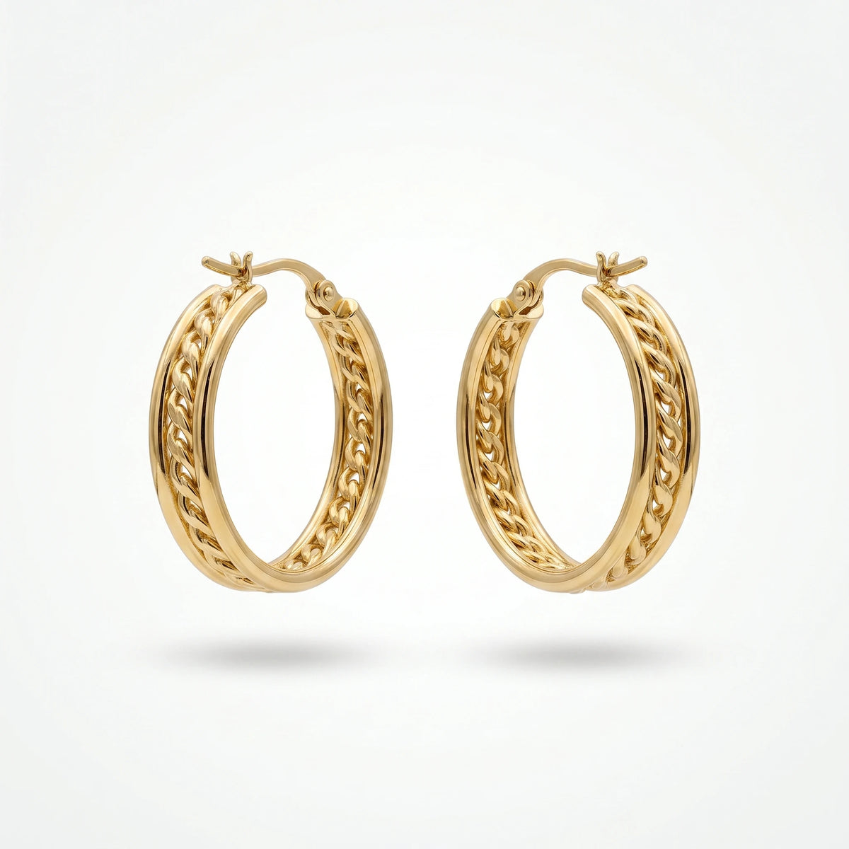 QIAOREN 12385 Chunky Cuban Link Chain Hoop Earrings Gold Stainless Steel Textured Curb Chain Inset Hoops Women US Europe