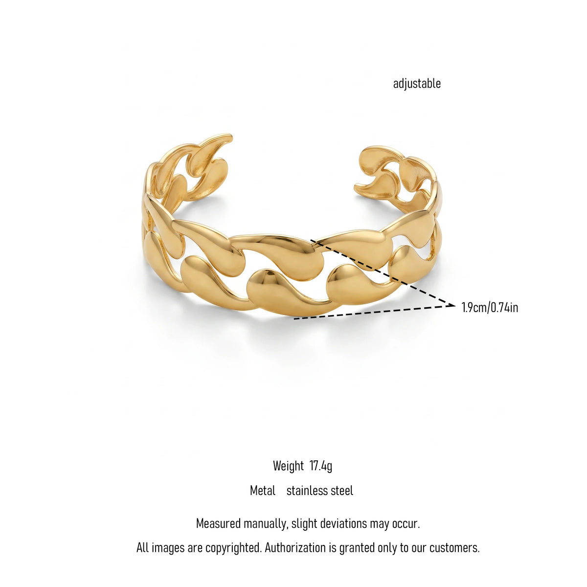 QIAOREN 12703 18K Gold Polished Interlocked Teardrop Chain Hollow Open Cuff Bracelet Stainless Steel Smooth Linked Adjustable