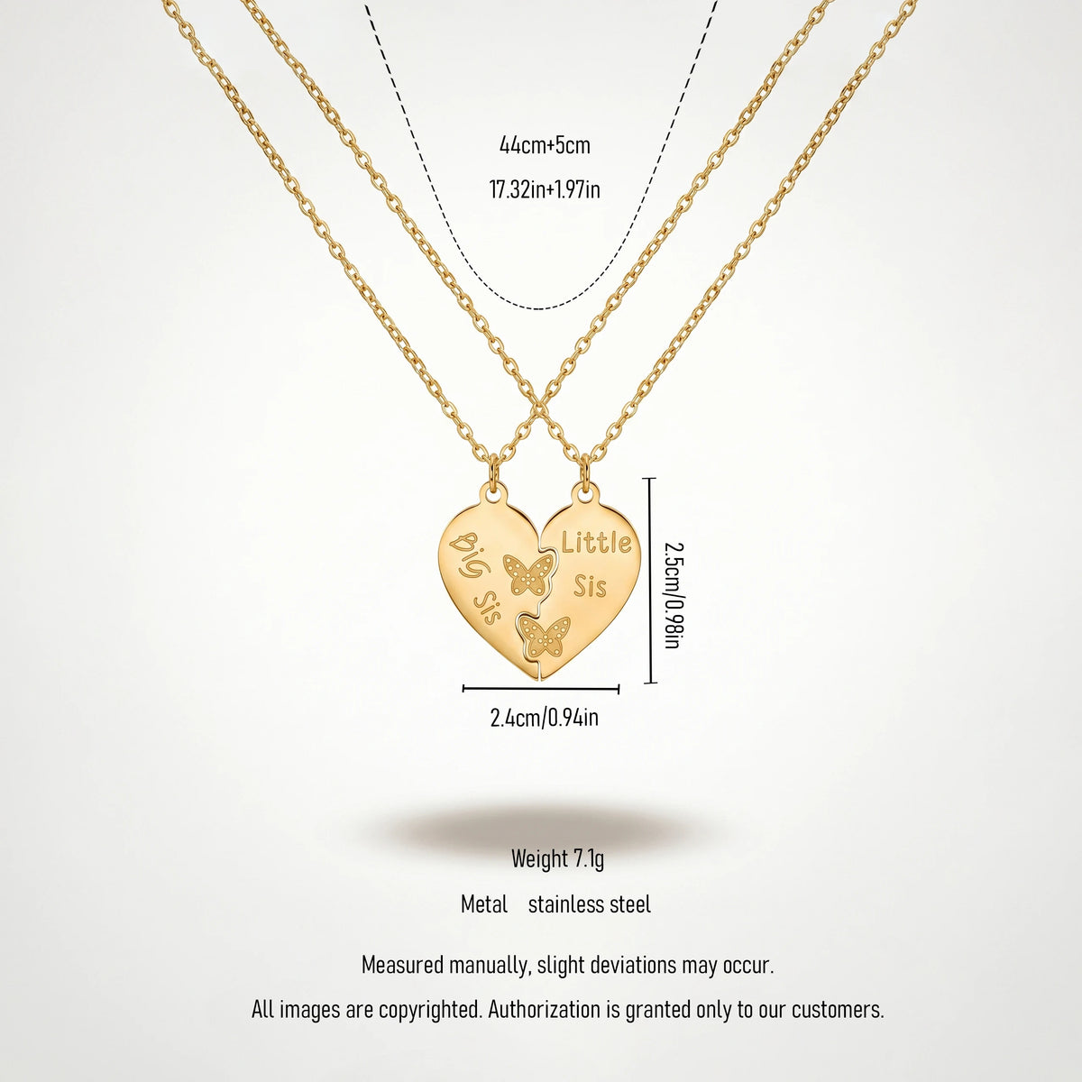 QIAOREN 1288618K Gold Big Sis Little Sis Split Heart Necklace for 2, Butterfly Stainless Steel Sister Jewelry, Tarnish Free Gift