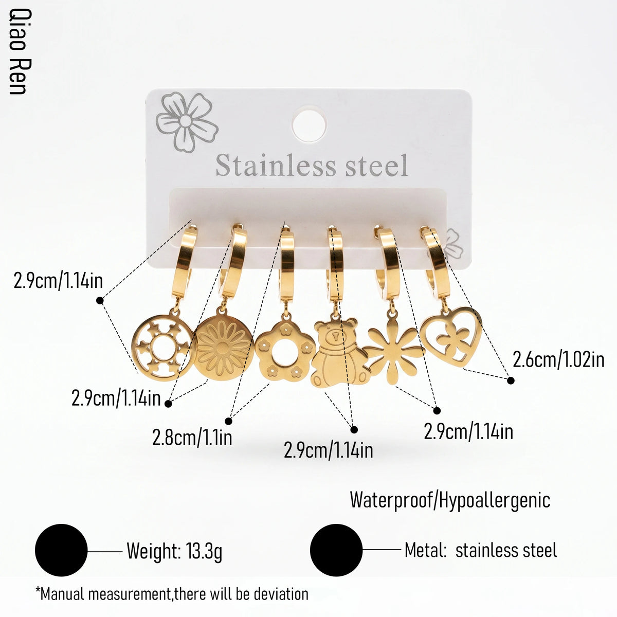 QIAOREN 14479 6 Pair Gold Stainless Steel Huggie Hoop Earrings Set, Bear & Floral Cutout Disc Dangle Drop Earrings