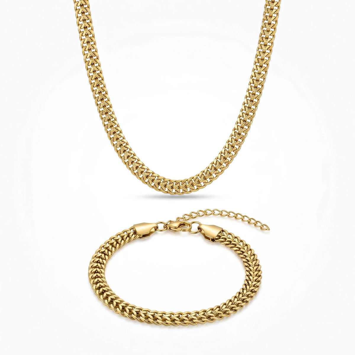QIAOREN 11490 18K Gold Plated Thick Cuban Chain Necklace Bracelet Set Stainless Steel Tarnish Free Waterproof