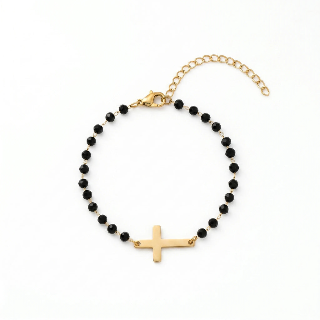 QIAOREN 12892 18K Gold Plated Sideways Cross Bracelet, Waterproof Tarnish Free Stainless Steel Black Bead Rosary Jewelry Women