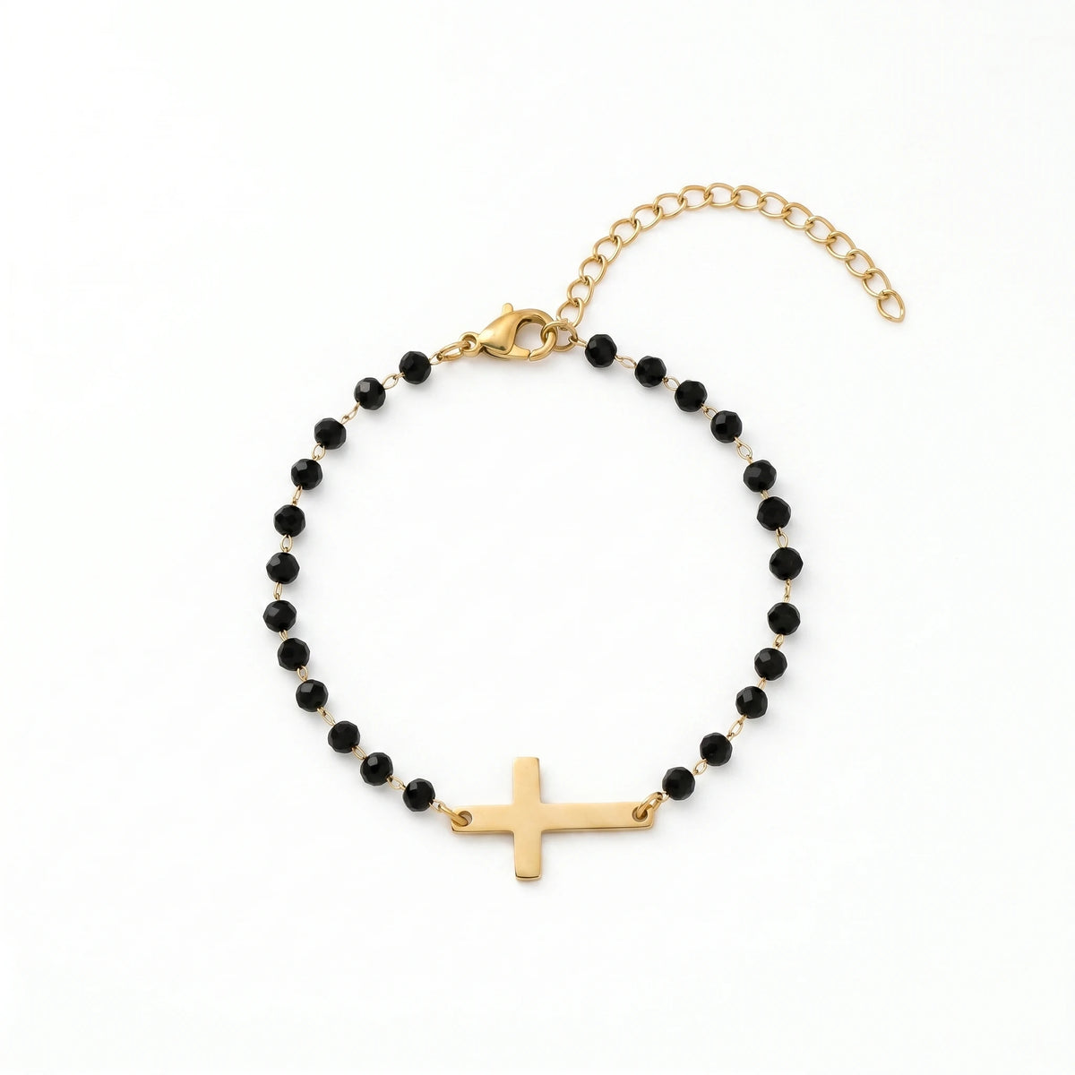 QIAOREN 12892 18K Gold Plated Sideways Cross Bracelet, Waterproof Tarnish Free Stainless Steel Black Bead Rosary Jewelry Women