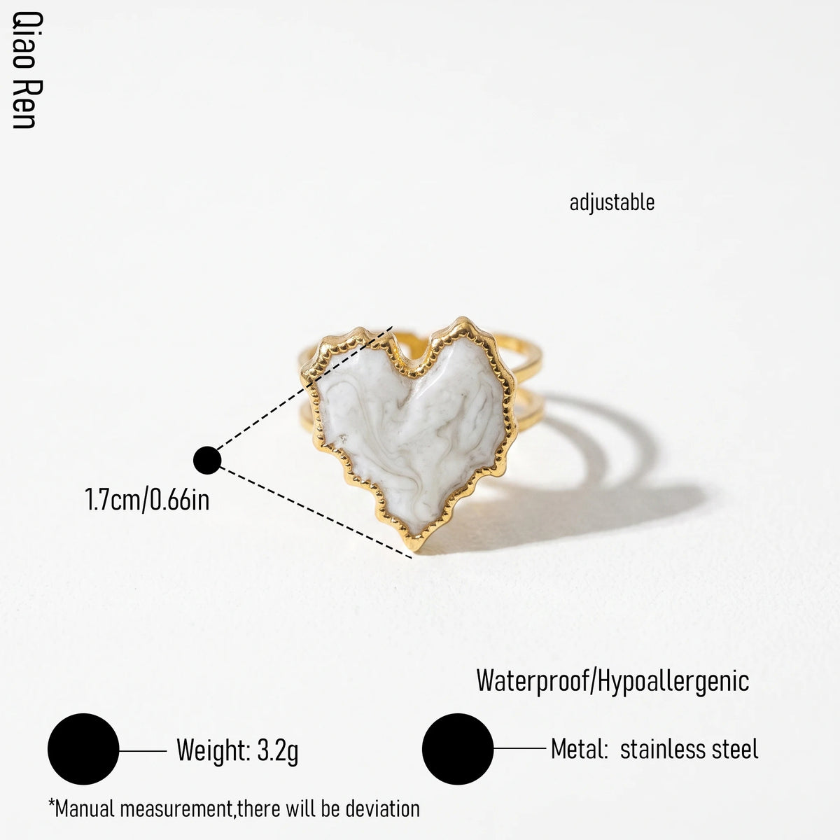 QIAOREN 14165-68 Heart & Sun Pattern Open Ring Set, White Mica Enamel Inlaid Adjustable Stackable Ring Jewelry Gift