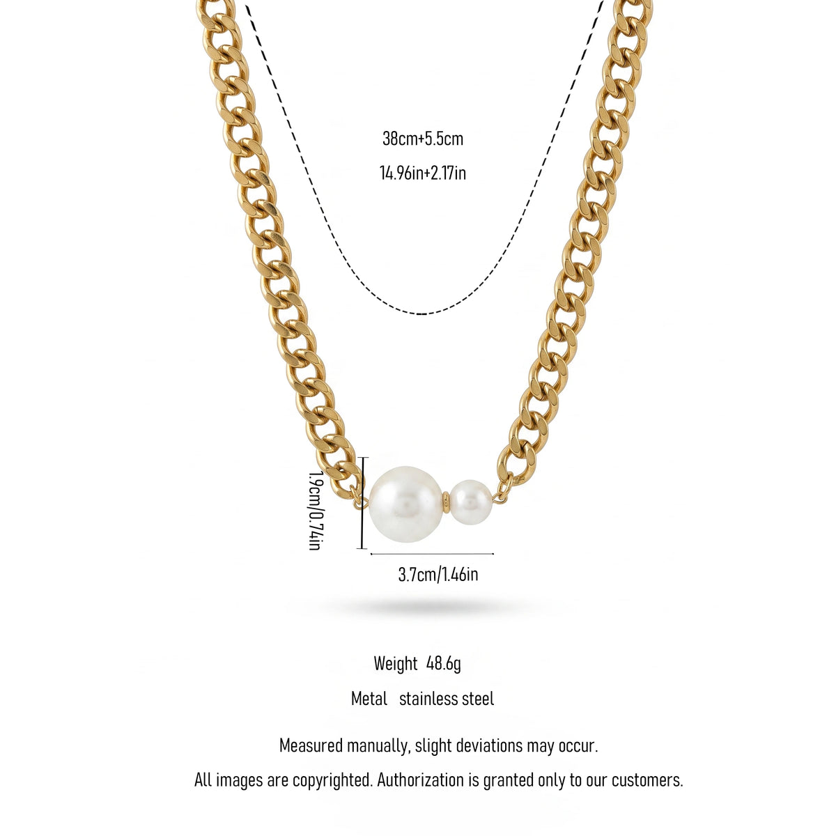 QIAOREN 13996 Thick Curb Link Chain Necklace with Alternating Large and Small Round White Pearl Charms