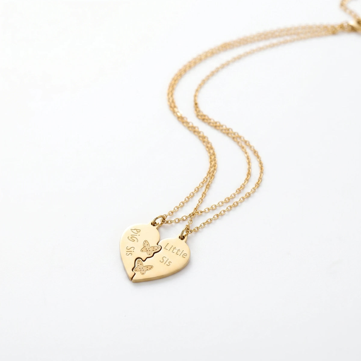 QIAOREN 1288618K Gold Big Sis Little Sis Split Heart Necklace for 2, Butterfly Stainless Steel Sister Jewelry, Tarnish Free Gift