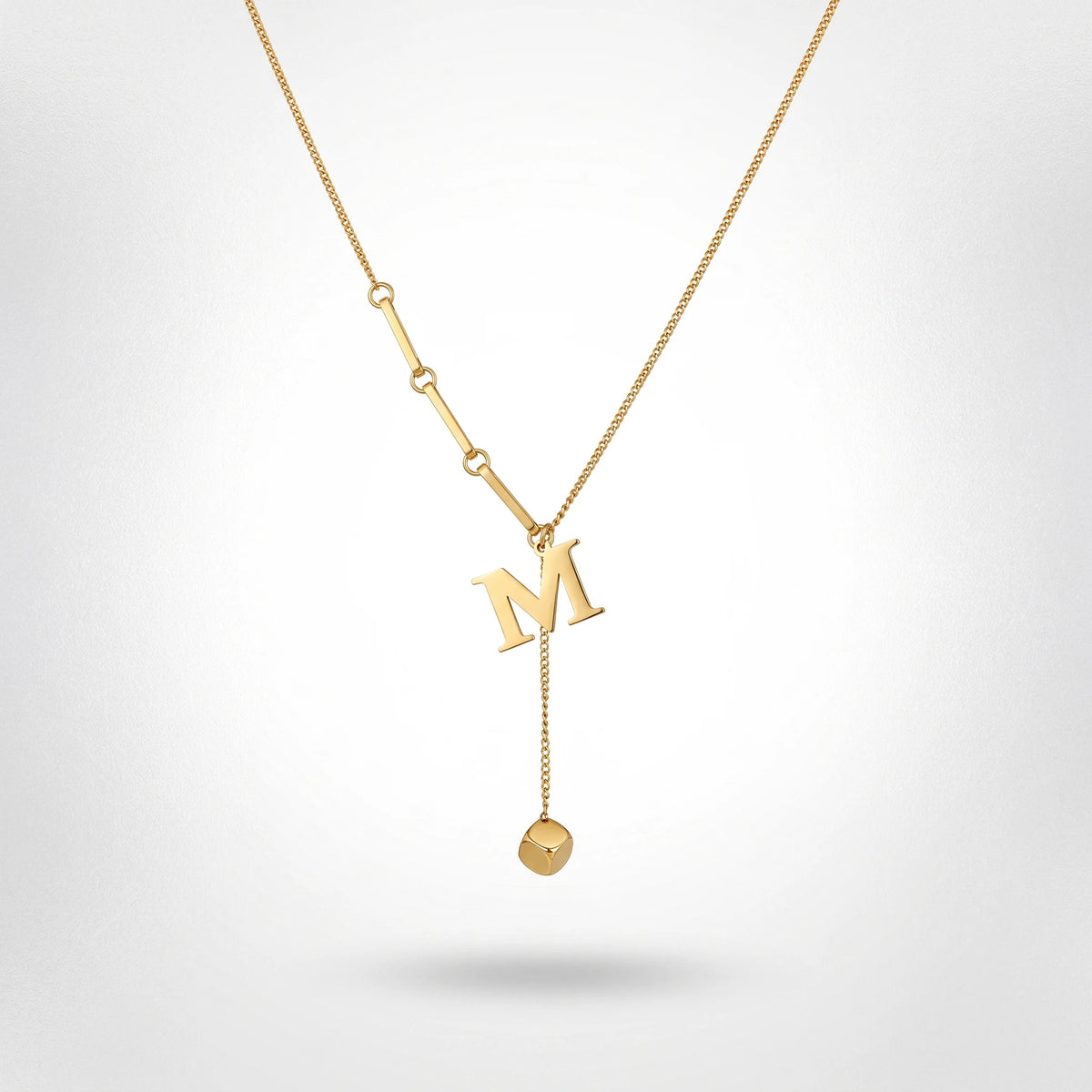 QIAOREN 13465 Personalized Letter M Y Drop Necklace with Square Cube Charm, Dainty Mixed Link Chain Initial Necklace