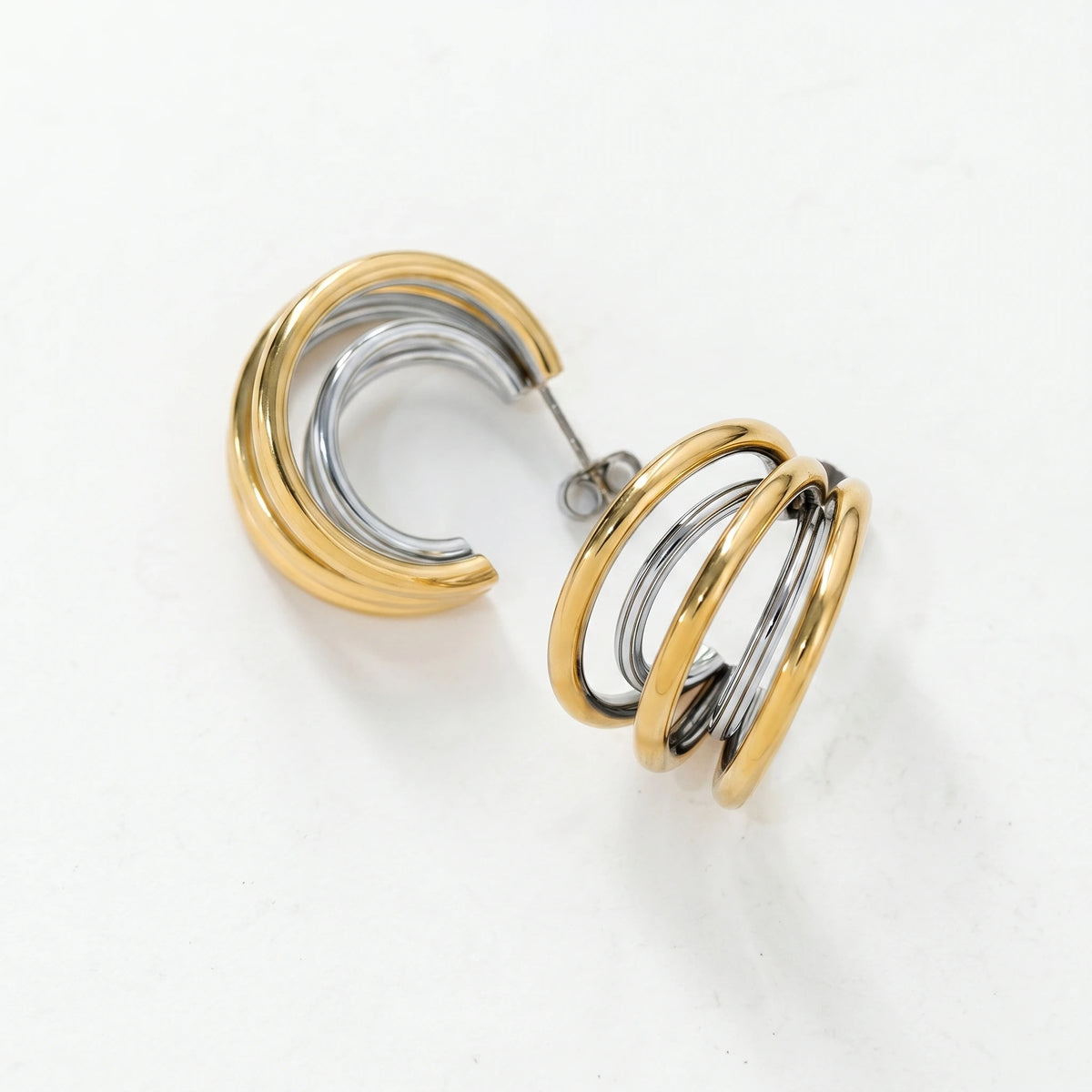 QIAOREN 12760 Waterproof Bi-Color Multi Strand Open C Earrings Stainless Steel Mixed Metal Layered Hoop Daily Ladies Accessory
