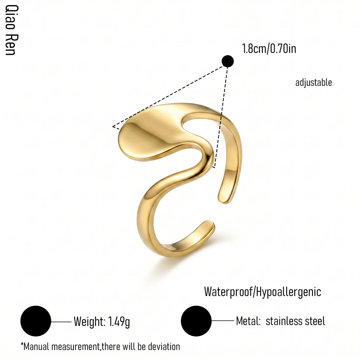 QIAOREN 14284-93 Abstract Irregular Wavy Open Cuff Ring Set, Adjustable Stackable Statement Rings, Stainless Steel Jewelry Gift