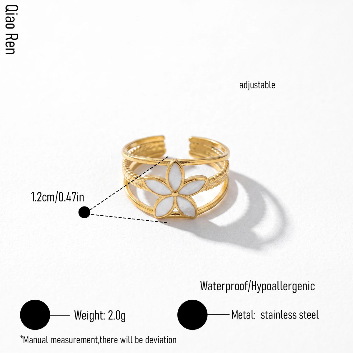 QIAOREN 14197-201 Flower & Sunburst Open Ring Set, White Mica Inlaid Adjustable Stackable Ring Jewelry Gift for Daily Outfits