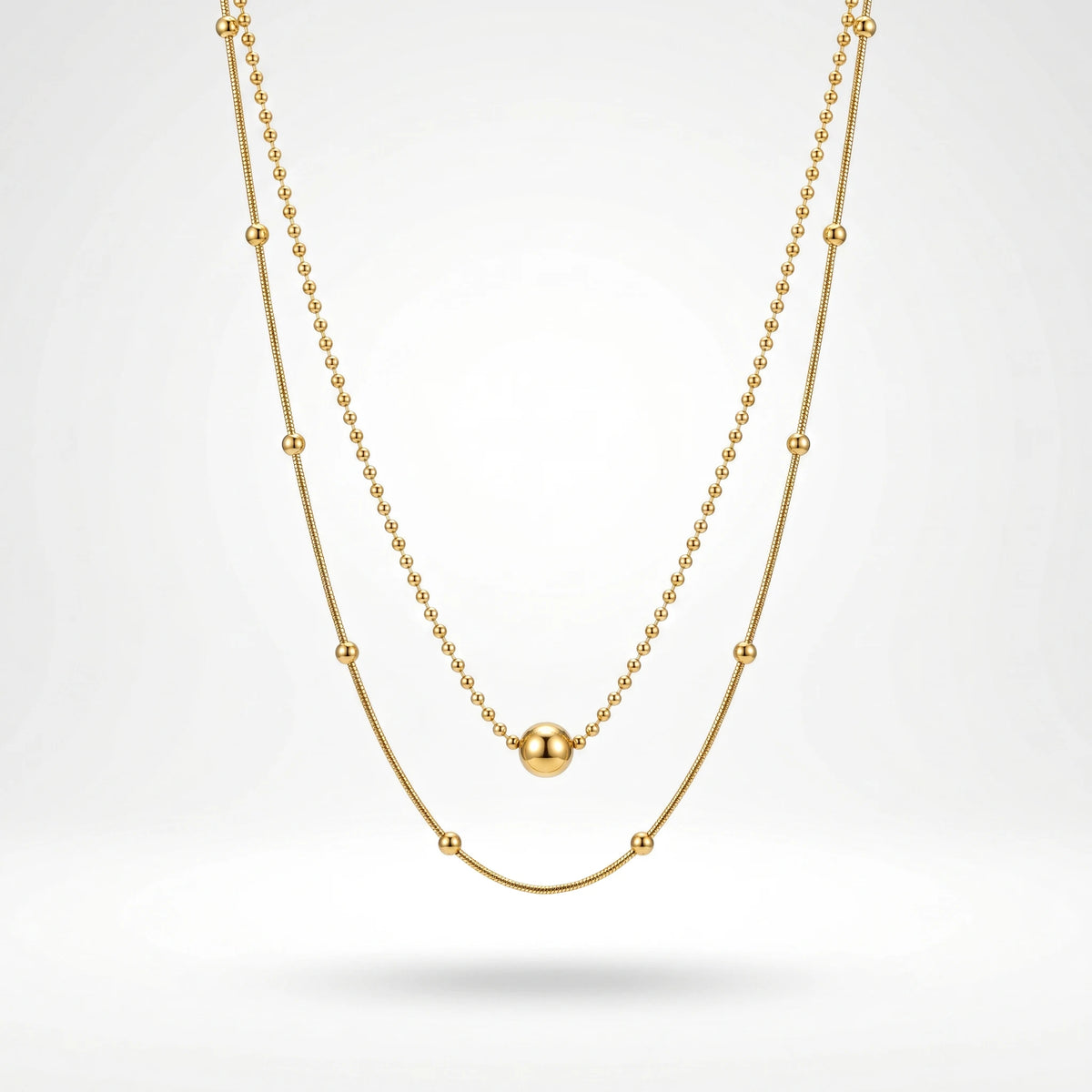 QIAOREN 11899 Minimalist Double Layer Beaded Snake Chain Necklace 18K Gold Stainless Steel Ball Pendant Daily Layering Jewelry