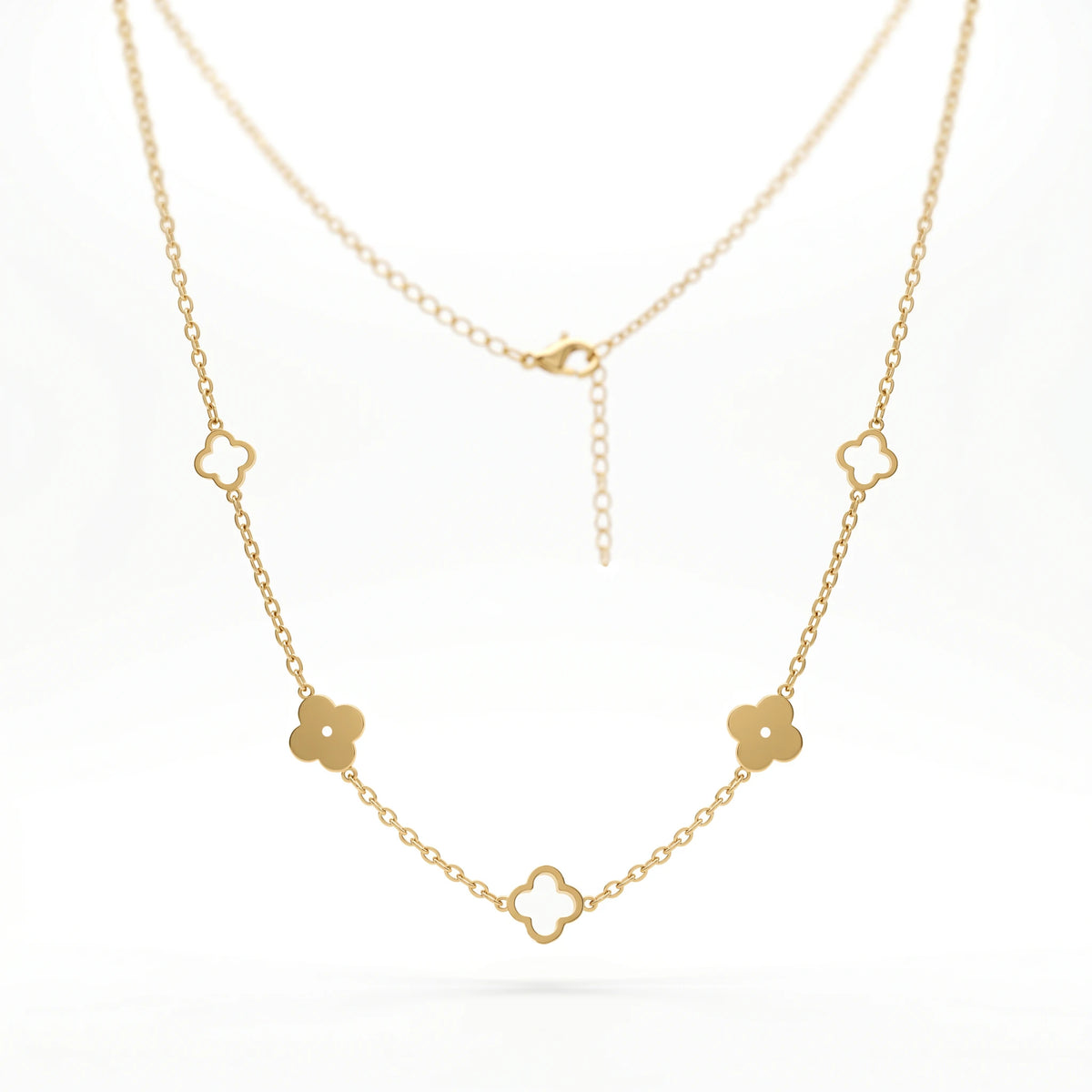 QIAOREN 10598 18K Gold Plated Mixed Solid & Hollow Clover Station Necklace Stainless Steel Tarnish Free