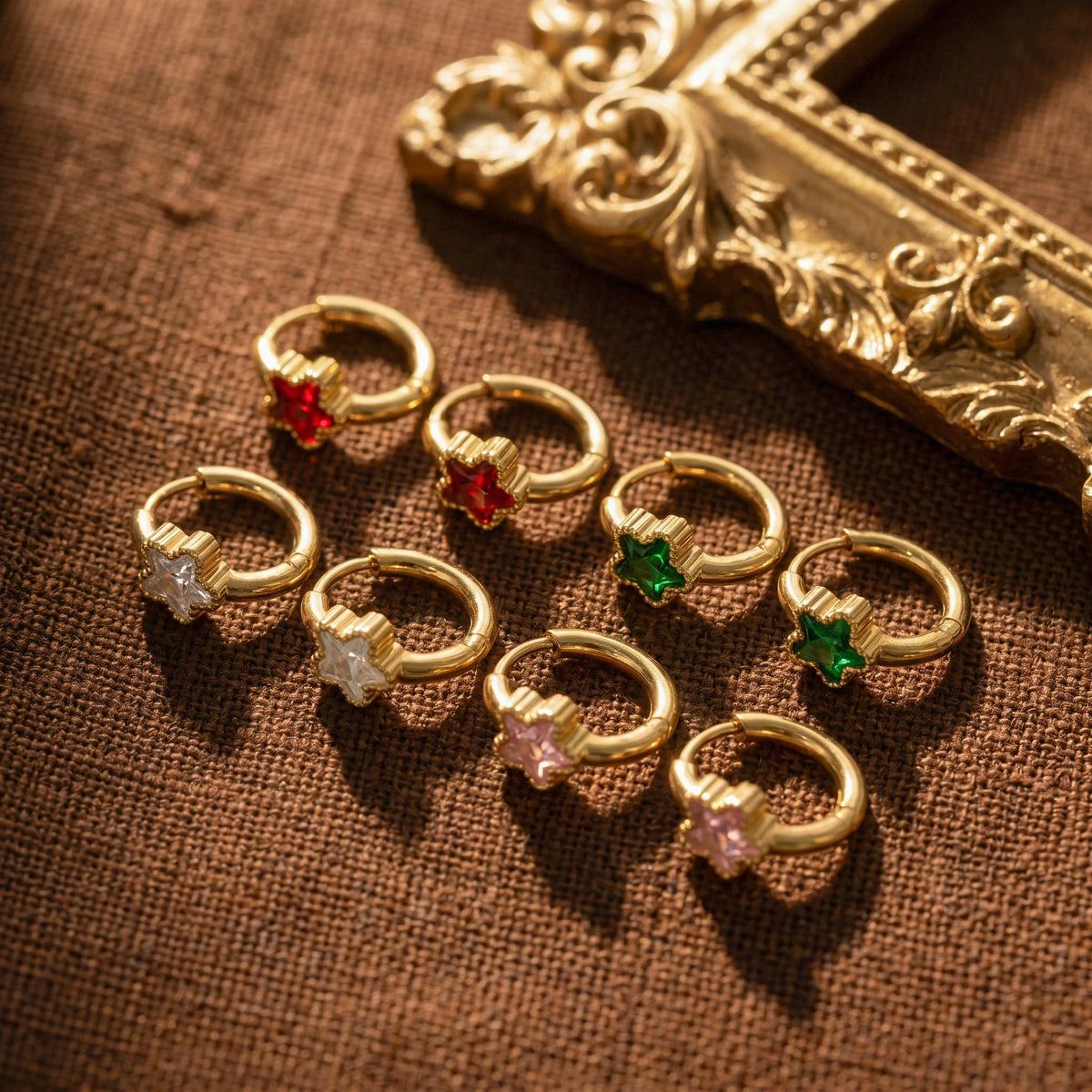 QIAOREN 12145-48Y2K Assorted Colored Star Zircon Stainless Steel  Hoop Earrings Gold Beaded Edge Tiny Earring Bulk Supply Europe