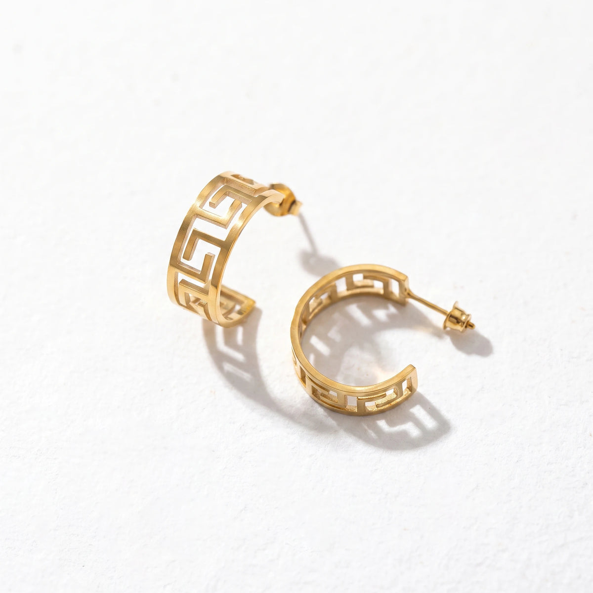 QIAOREN 13445 Gold Tone Hollow Greek Key C Shape Stud Earrings Classic Geometric Cut Out Half Circle Ear Jewelry Gift