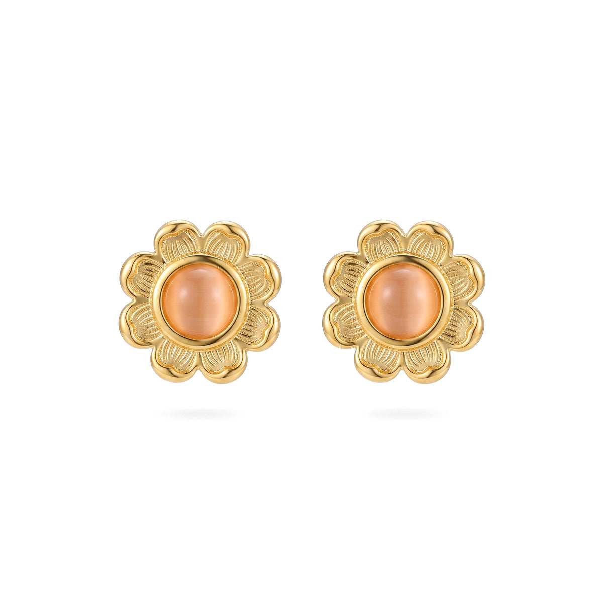 QIAOREN 13267 Gold Tone Daisy Flower Stud Earrings Inlaid Round Pink Cat Eye Stone Sunflower Shape Pin Studs Warm Retro Gentle