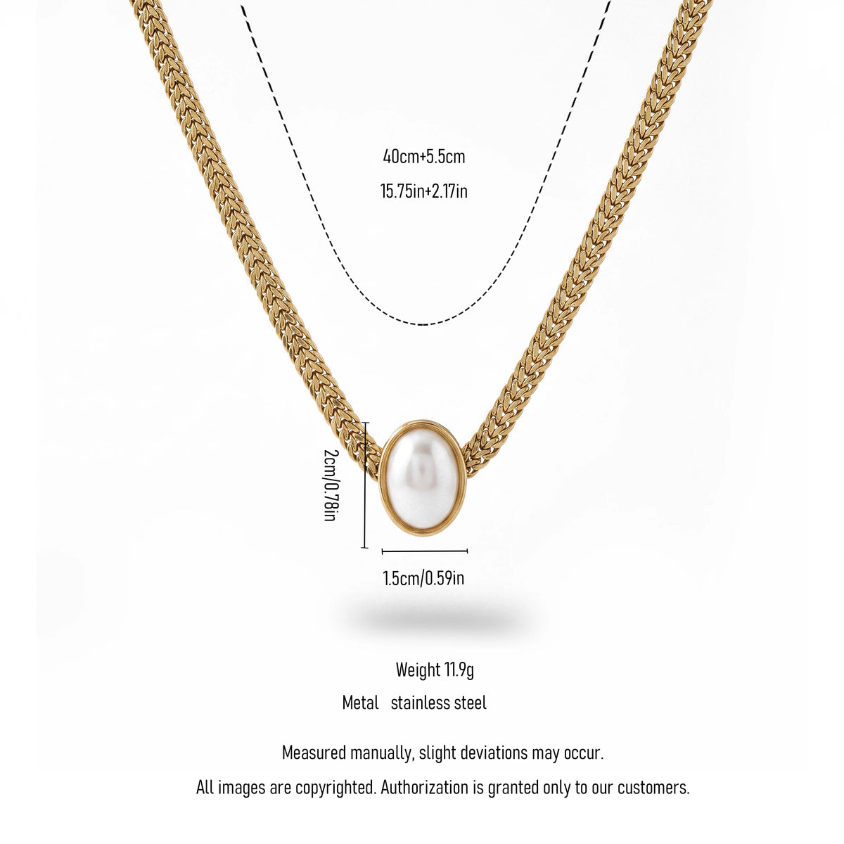 QIAOREN 13948 Stainless Steel Oval Pearl Pendant Wheat Chain Necklace Waterproof Hypoallergenic Jewelry for Women