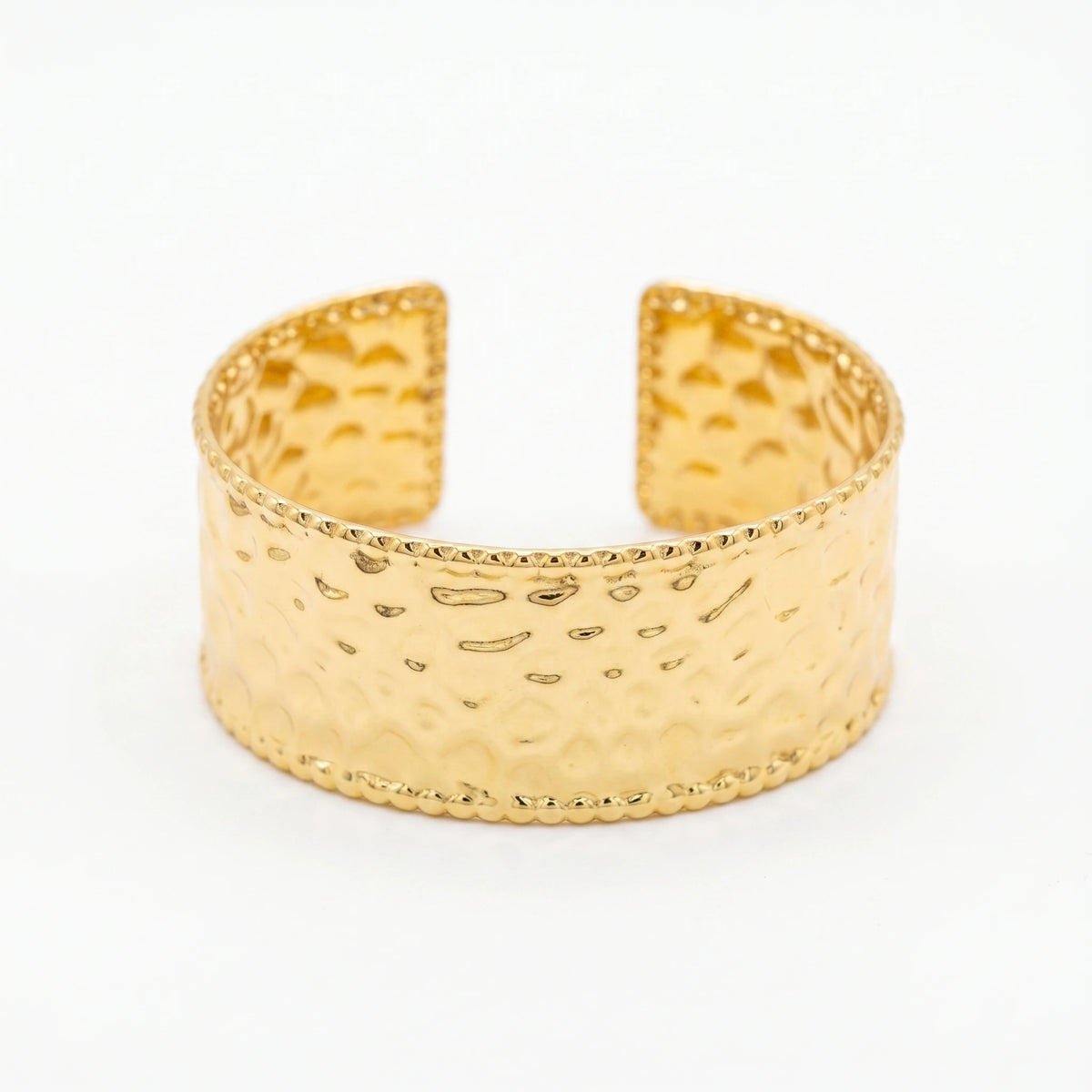QIAOREM 12720Minimalist Hand Stamped Dimple Wide Cuff Bangle Hypoallergenic Stainless Steel Gold Bracelet Anniversary Party Gift