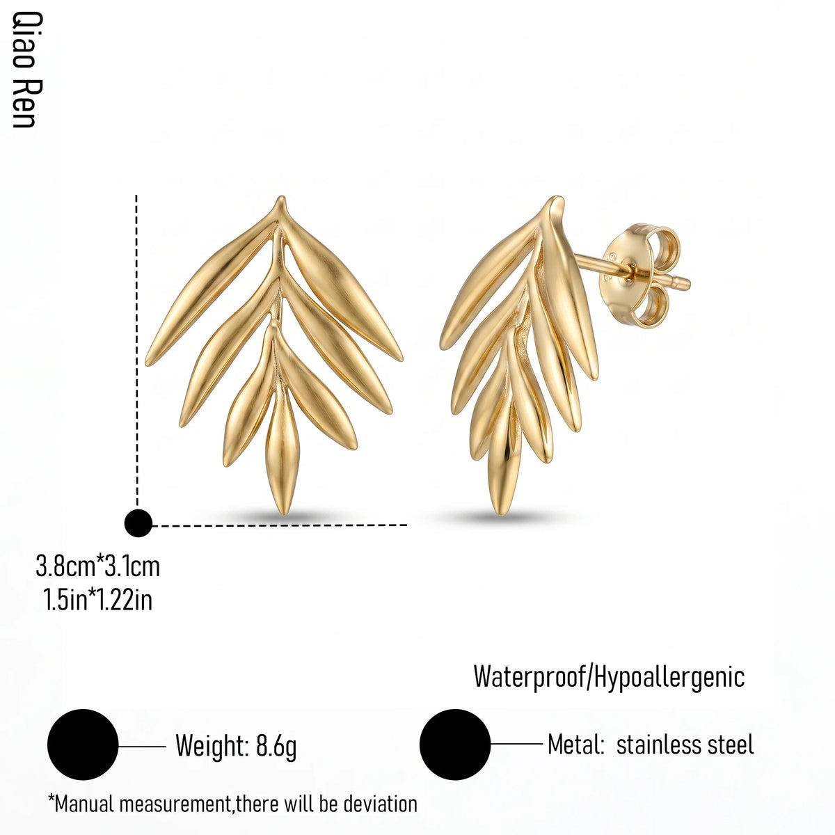 QIAOREN 14074 Olive Leaf Branch Stud Earrings, Multi Leaves Twig Ear Stud Jewelry Gift for Daily Fashion Outfits