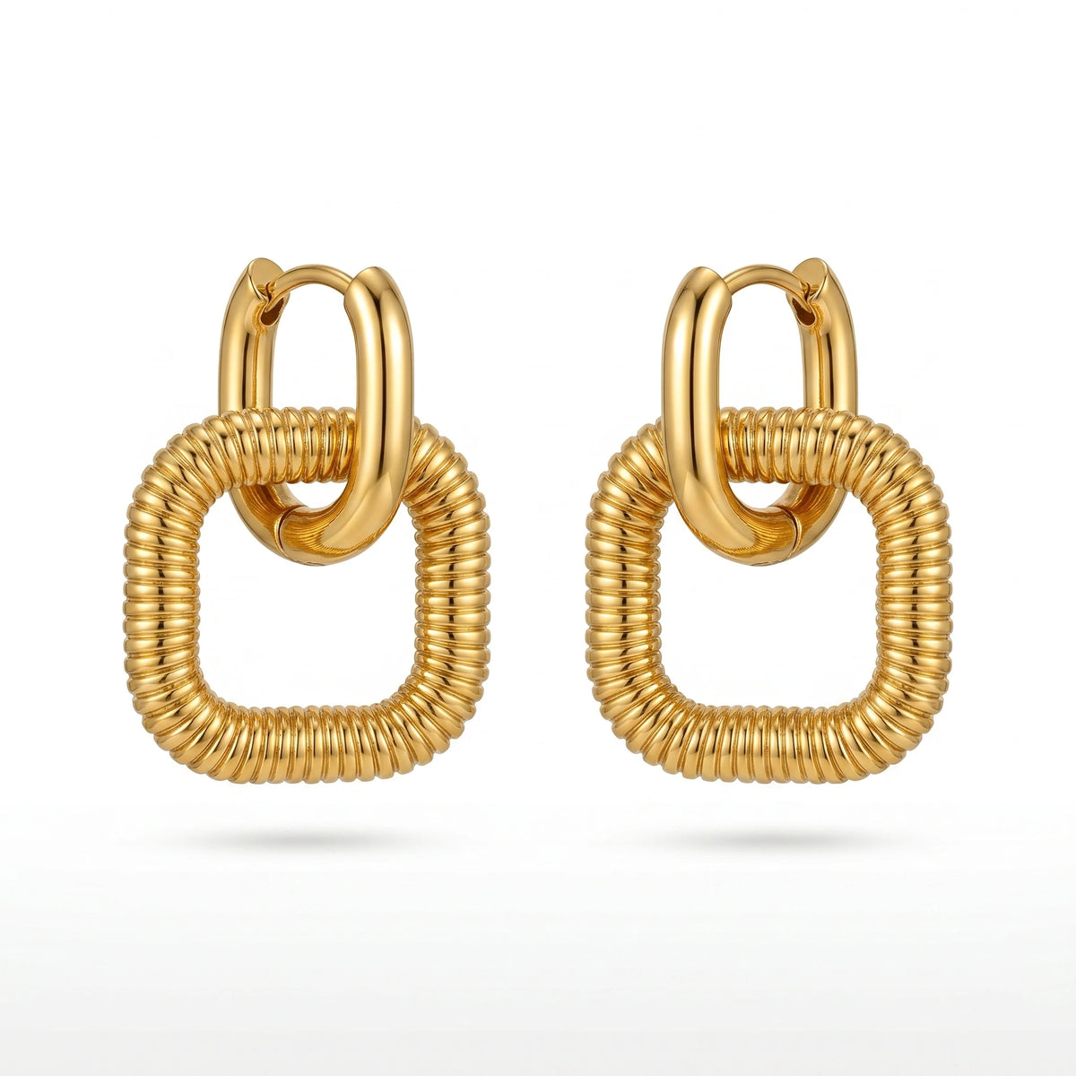 QIAOREN 12758 Waterproof Bi-Color Coiled Square Dangle Earrings Stainless Steel Gold Hoop Silver Textured Drop Ear Accessory