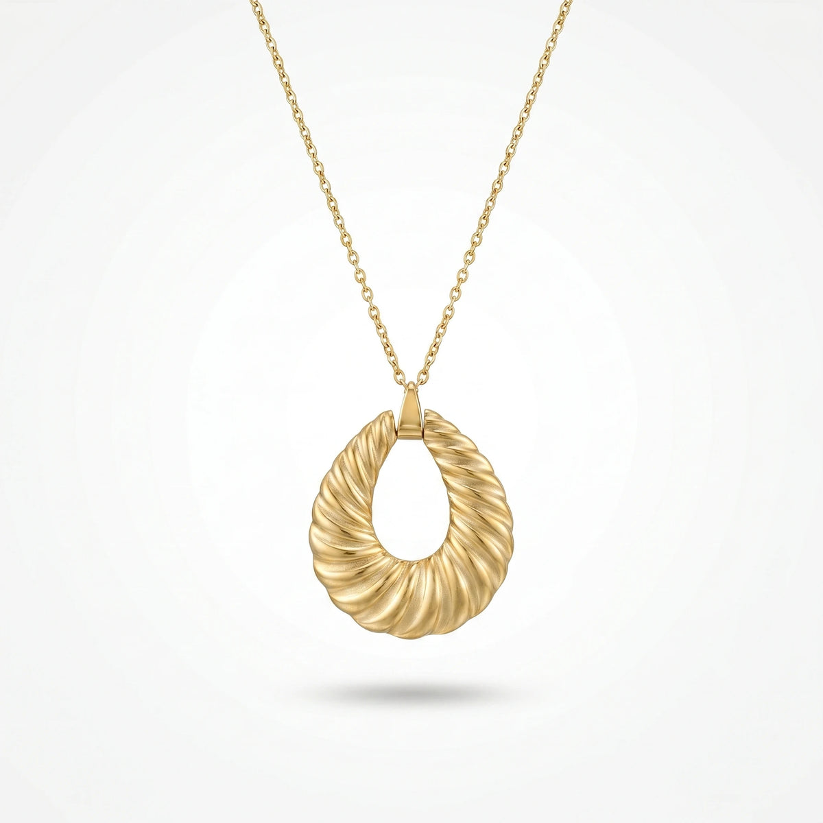 QIAOREN 12878 18K Gold Plated Ribbed Croissant Teardrop Necklace, Waterproof Tarnish Free Stainless Steel Statement Jewelry
