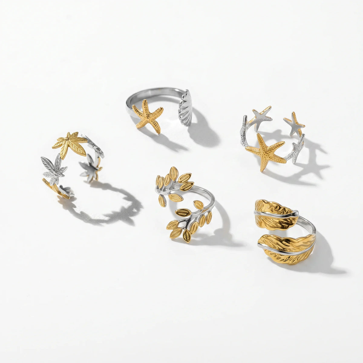 QIAOREN 12959-63 18K Gold Plated 316L Stainless Steel Two Tone Snake Star Adjustable Rings Set Tarnish Free Waterproof Jewelry