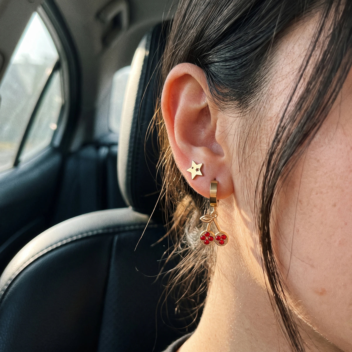 QIAOREN 14526 Waterproof Stainless Steel Earrings Set Cherry Hoop Stud Earrings Star CZ Crystal Jewelry for Women